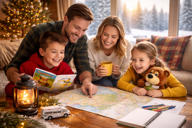 Family excitedly planning a future camping trip together